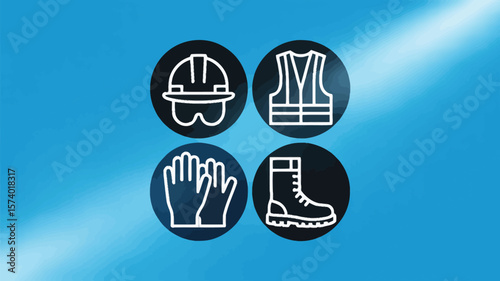 A set of four icons showing safety equipment on a blue background with a white light flare effect