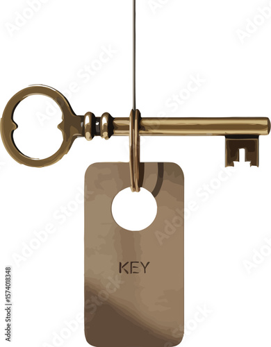 A vintage key with a tag hanging against a white wall with light shadows creating a minimalist aesthetic