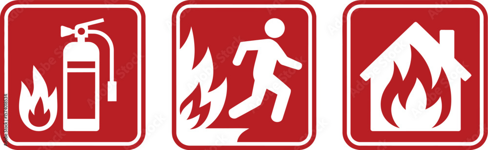 Three red and white fire safety signs depicting extinguisher exit and burning house on white background Three red and white fire safety signs depicting extinguisher exit and burning house on white background
