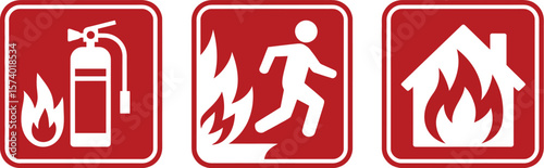 Three red and white fire safety signs depicting extinguisher exit and burning house on white background