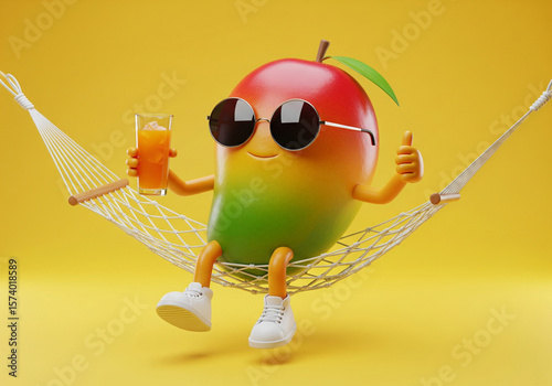 Relaxing Mango Character in Hammock with Juice
