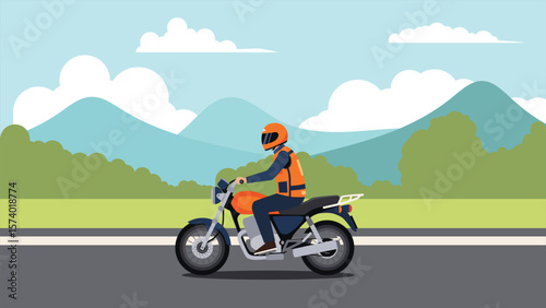 flat vector of win motorcycle taxi Thailand with orange vest rider riding motorcycle with nature background scene