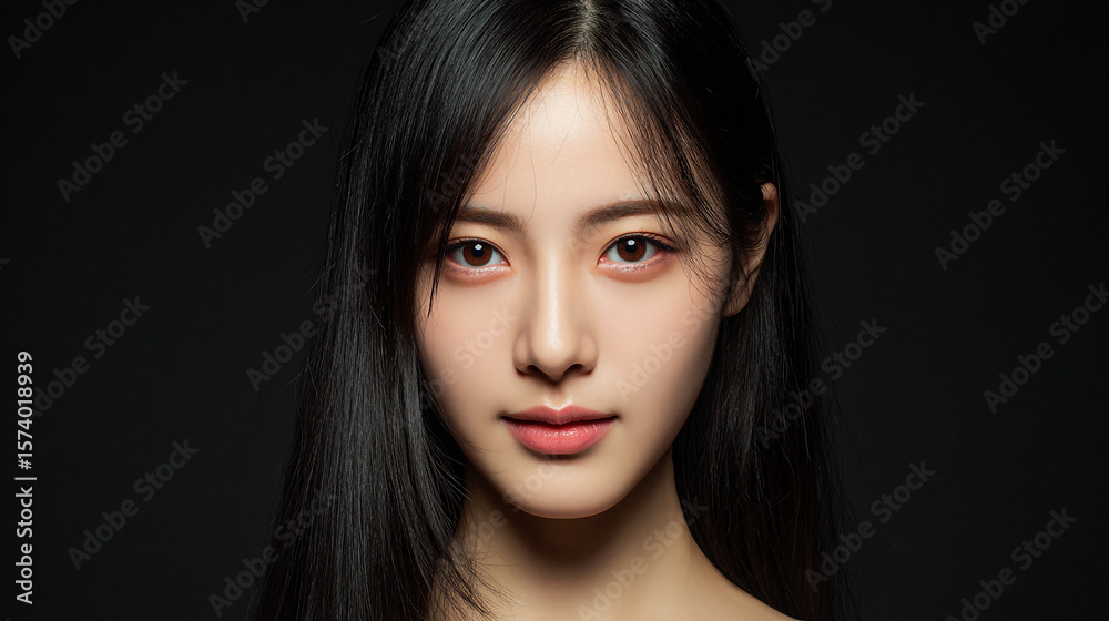Fototapeta premium Stunning Asian Woman Portrait: Elegance, Beauty, and Dark Background