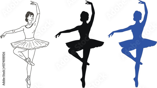 Three ballerina figures in different styles showing a ballet pose on white background