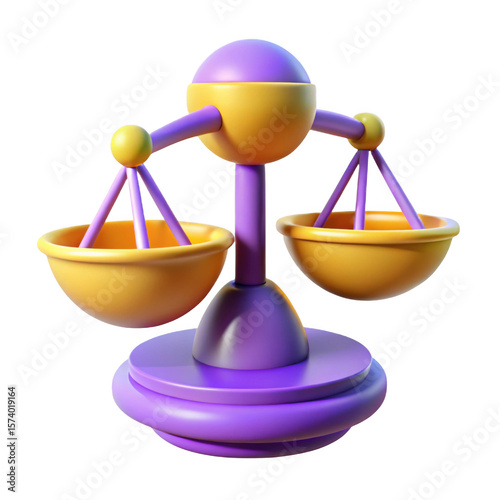 Stylized 3d balance scales with purple and yellow colors isolated on transparent background