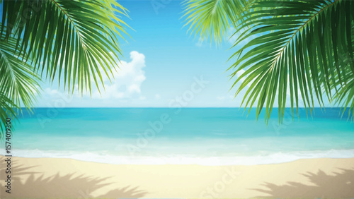 Illustration of palm trees on beach shore by sea at sunset Flowers and plants drawn with black and colored green olive ink. Simple line art illustration. Seamless pattern with abstract floral print. 