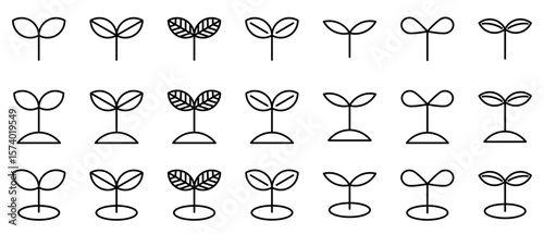 葉っぱ　双葉　線画　芽　線画　アイコン　黒　セット　ベクター