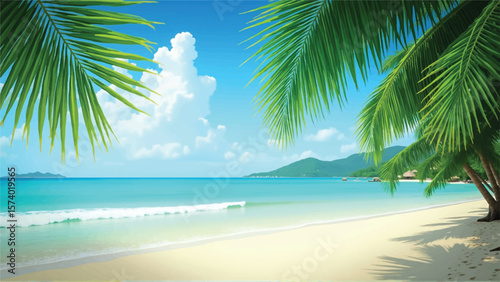 Illustration of palm trees on beach shore by sea at sunset Flowers and plants drawn with black and colored green olive ink. Simple line art illustration. Seamless pattern with abstract floral print. 