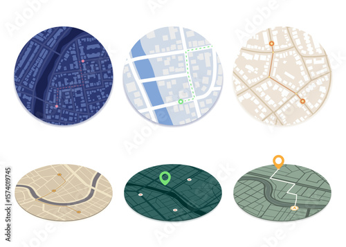 Set of Gps map navigation. View from above road map. Detailed isometric view of city. Abstract background. Flat style, Vector, illustration isolated