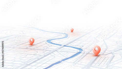 GPS navigation to pins and multiple markers on route. City map featuring directional signs, an intended goal point. Abstract plan highlights POI city streets. Vector illustration with designated route