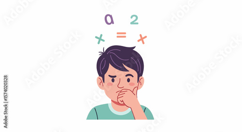 Cartoon Boy Thinking with Math Symbols Above Head Hand on Mouth.
