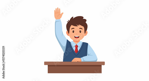 Cartoon Boy in School Uniform Raising Hand to Answer.