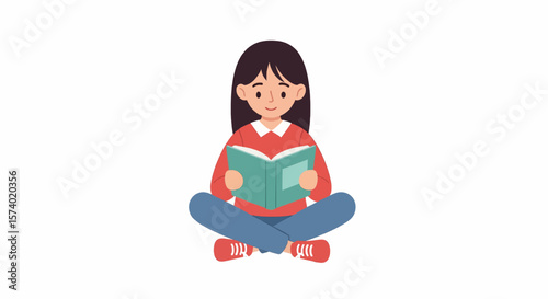 Cartoon Girl Reading Book CrossLegged Red Sweater Blue Jeans Red Shoes.