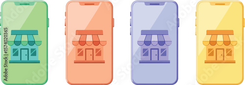 Four colorful smartphones displaying store icons arranged in a row on white background