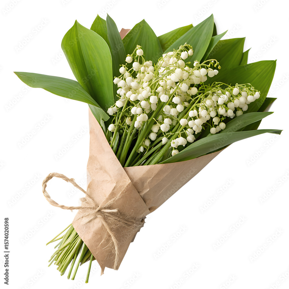Obraz premium A beautiful bouquet of lily of the valley flowers wrapped in paper, isolated on transparent background