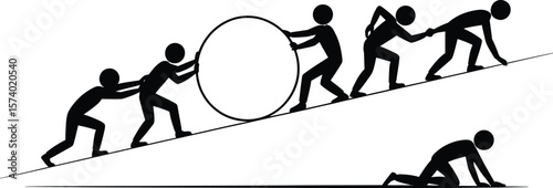 Stick figures collaborate pushing a circle uphill while one figure struggles on a separate path below