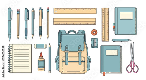 A flat lay illustration of school supplies including backpack and stationery items