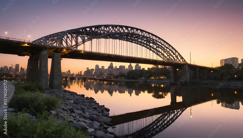 Naklejka premium Arch bridge spans a calm river reflecting city skyline at twilight