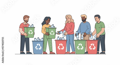 Group of People Recycling Plastic Bottles into Different Colored Bins.