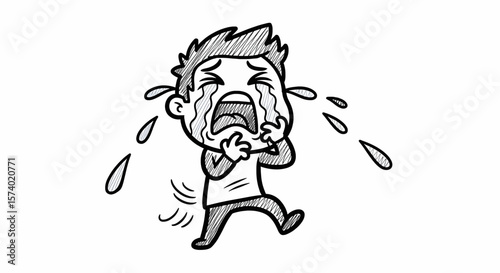 Handdrawn sketch of a crying cartoon boy distressed expression tears streaming down face hatched texture simple clothing.