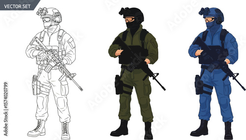 Three soldiers in different styles holding rifles standing in a vector set up