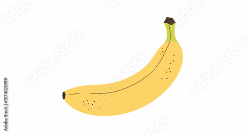 Single Ripe Yellow Banana with Brown Spots and Green Stem.