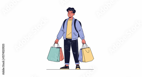 Smiling Man Holding Shopping Bags Wearing Jacket and Backpack.
