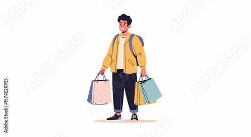 Smiling Man with Shopping Bags and Backpack.