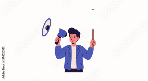 Smiling young man in blue jacket holding megaphone and blank sign.