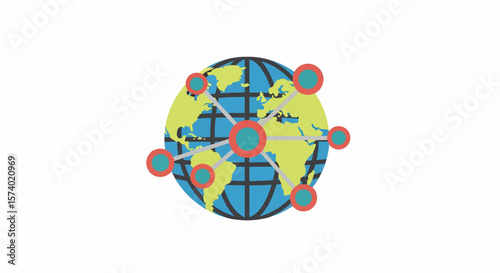 Stylized Globe with Network Connections Flat Design Teal and Red Nodes.