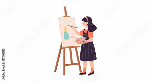 Young Artist Painting on Canvas with Palette and Brush.
