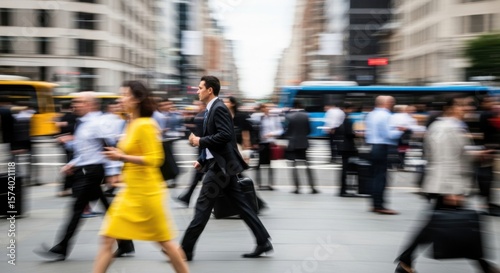 Busy urban street with blurred pedestrians in motion on a sunny day