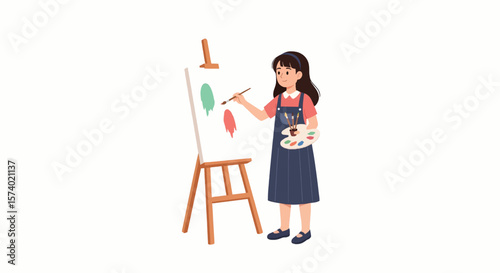 Young Girl Painting on Easel with Palette Brush and Colors.