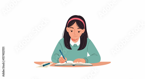 Young Girl Writing in Notebook with Pen Studying Concentrating Focused Serious Expression.