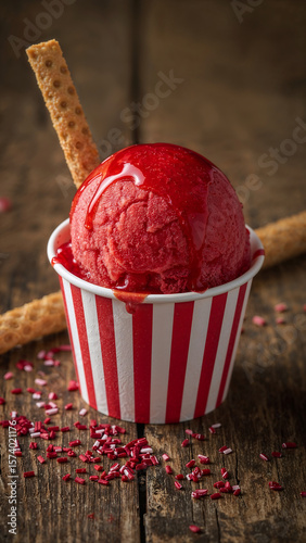 Striped Cup Holding Strawberry Sorbet Captured in Realistic Dessert Scene
