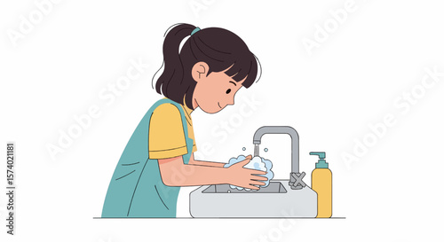 Young Girl Washing Hands with Soap at Sink Cartoon Illustration.