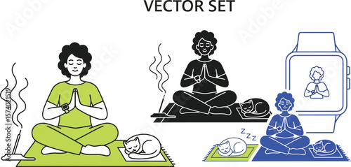 Vector set of woman meditating with cats in different color schemes and a smartwatch