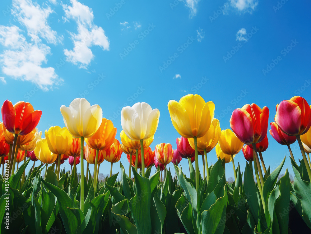 Fototapeta premium Vibrant field of tulips in full bloom under clear blue sky, showcasing variety of colors including red, yellow, white, and pink. bright flowers create cheerful and lively atmosphere