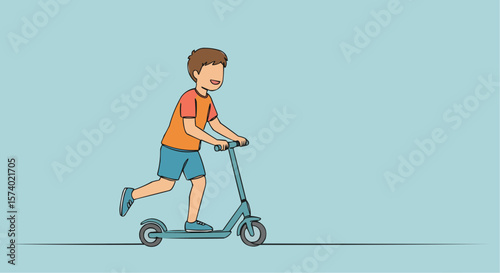 A young boy joyfully rides a scooter. 