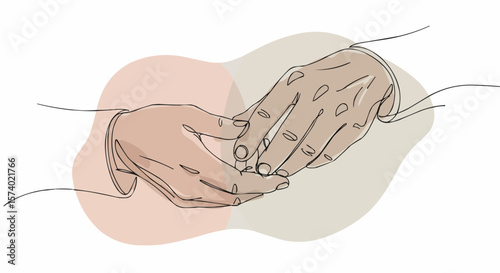 Two hands, gently touching each other, drawn with a single continuous line, illustrating connection and care.