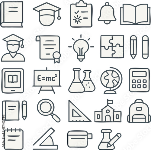 Education study learning school student knowledge book science academic icon vector graphic set on transparent background
