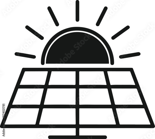 Illustration of a solar panel with sun rays shining above it in a simple black and white design style