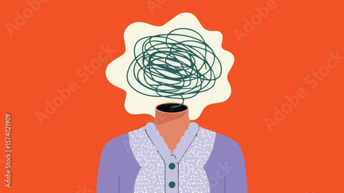 Confused woman with tangled thoughts overwhelming her mind, symbolizing stress and anxiety