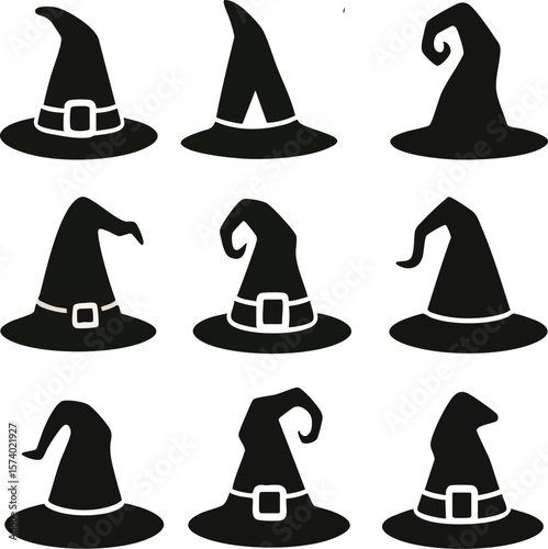 Halloween witch hat vector illustration spooky wizard hats collection holiday magic design set silhouette on transparent background