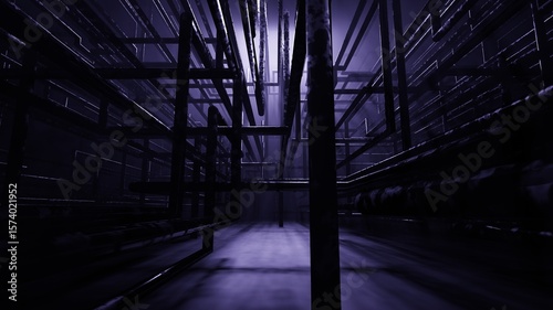 Fototapeta Naklejka Na Ścianę i Meble -  Dark Industrial Pipe Network Illustration.This illustraion features a dark, abstract network of industrial pipes, creating a mysterious and atmospheric visual. Perfect for tech, industrial, or suspens