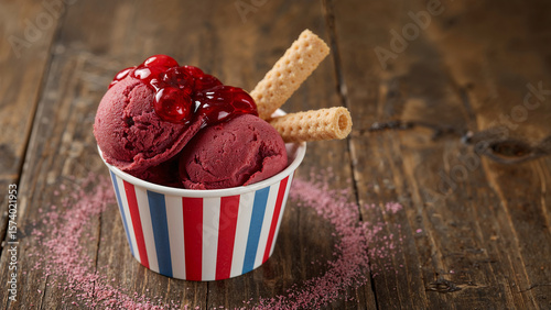Striped Cup Holding Strawberry Sorbet Captured in Realistic Dessert Scene