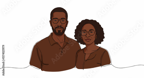 A drawing of a couple, a man and a woman, looking straight at the viewer.