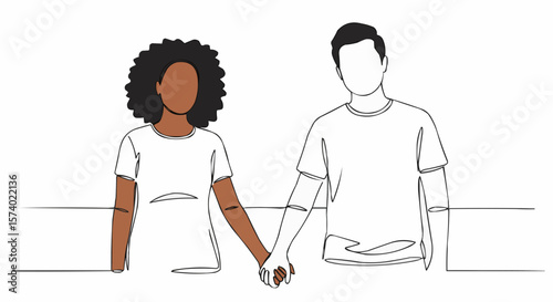 An illustration of a couple of diverse people holding hands. A symbol of partnership and love.