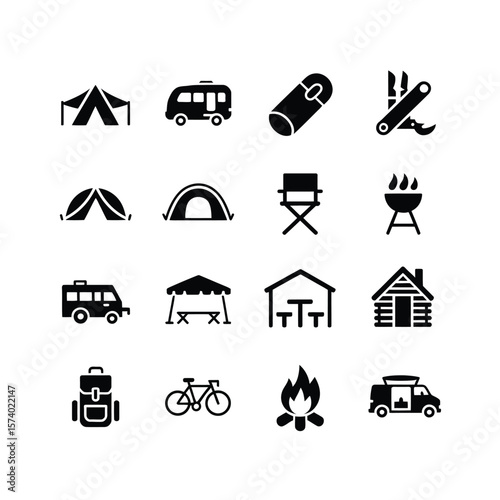 Black camping icons set on white background tent camper