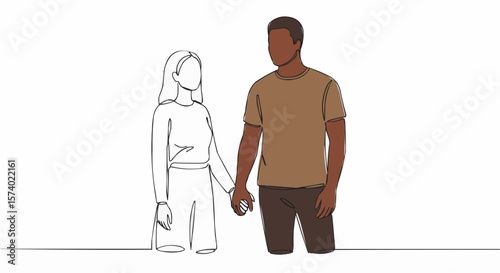 Couple holding hands, continuous line art.